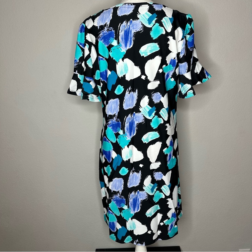Axyeh Women's Black Blue and White Ruffled Short Sleeve V Neck Dress - Picture 5 of 10